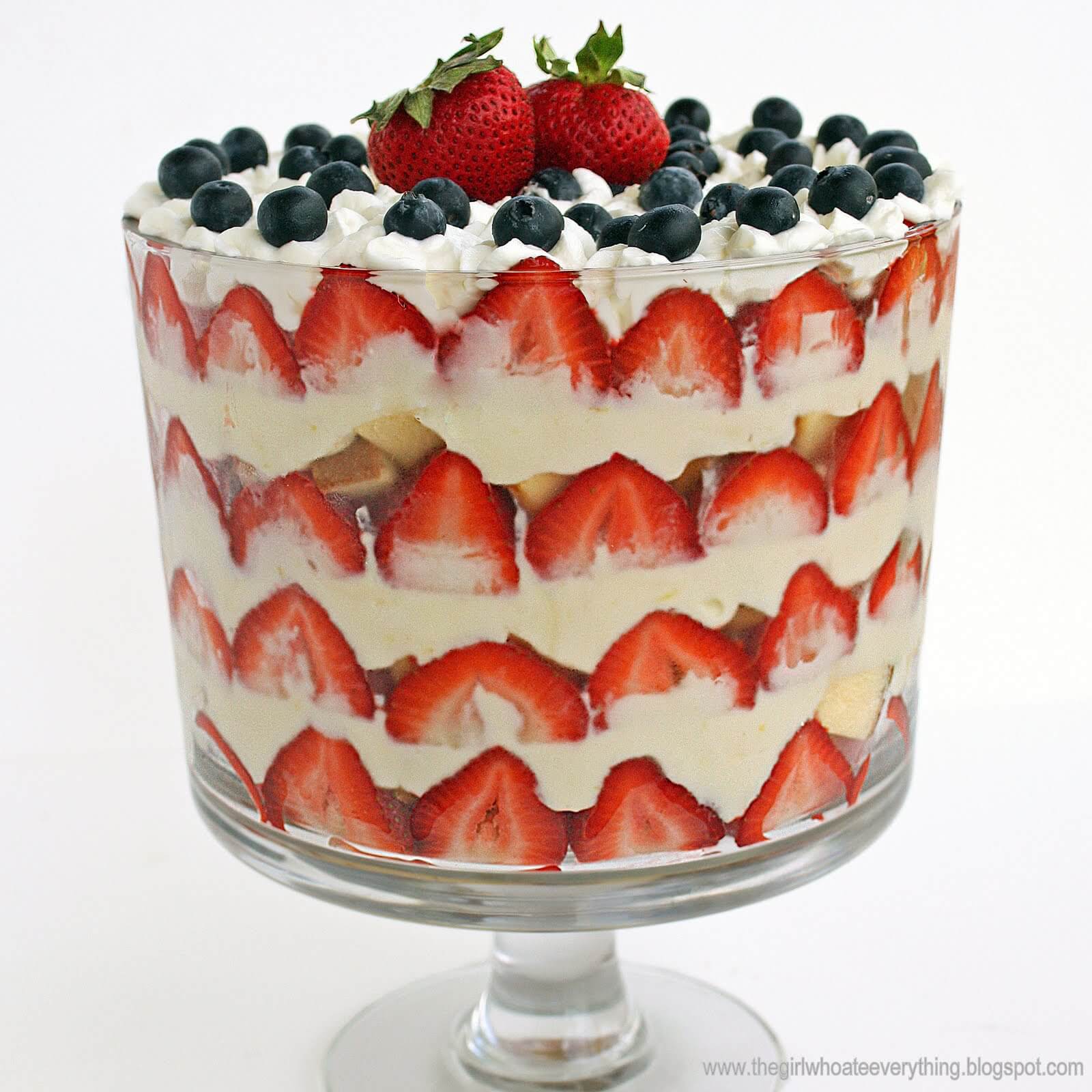 Kitchen goodness in a trifle with strawberries, pound cake, and whip cream