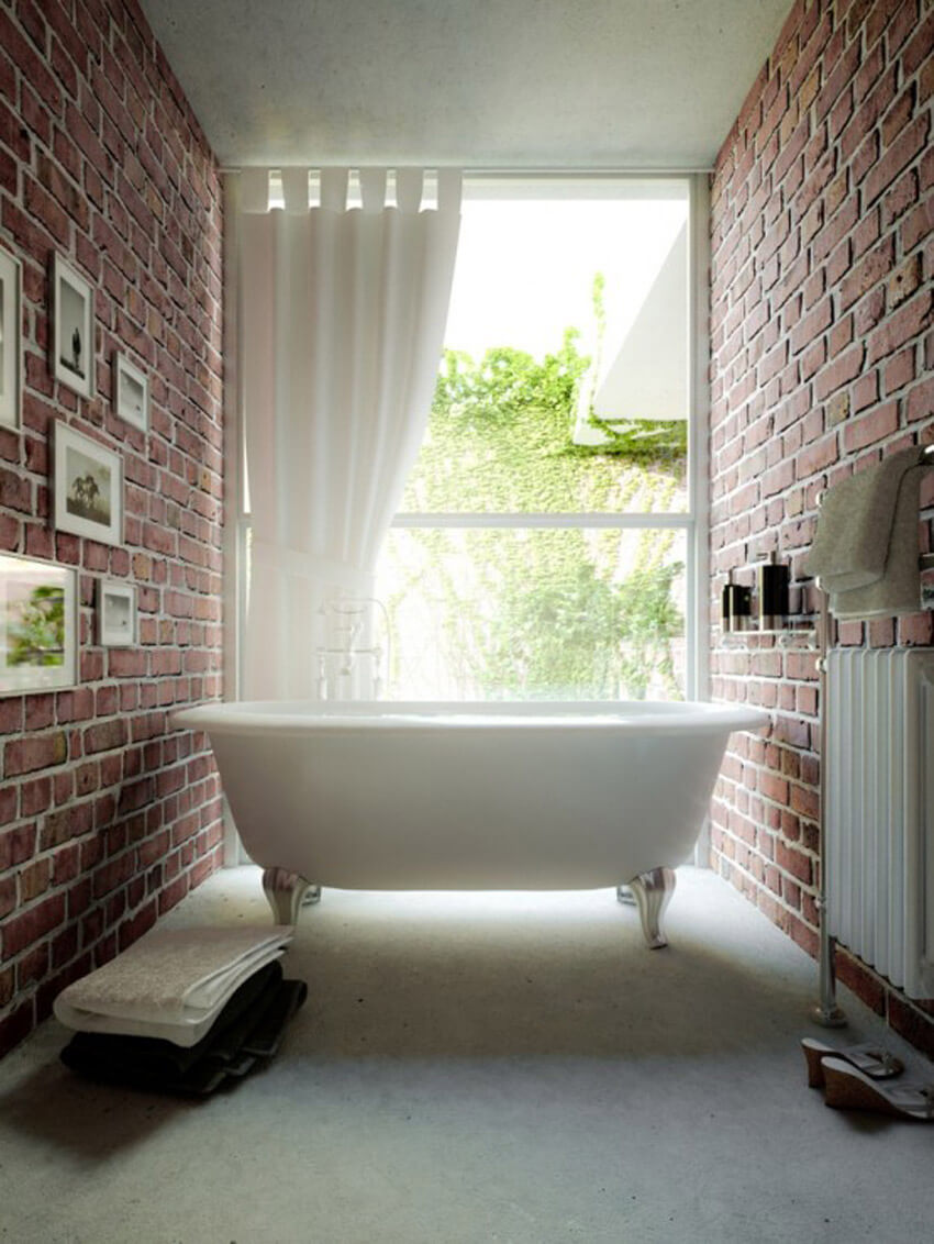 Opt for exposed brick instead of tile in your bathroom.