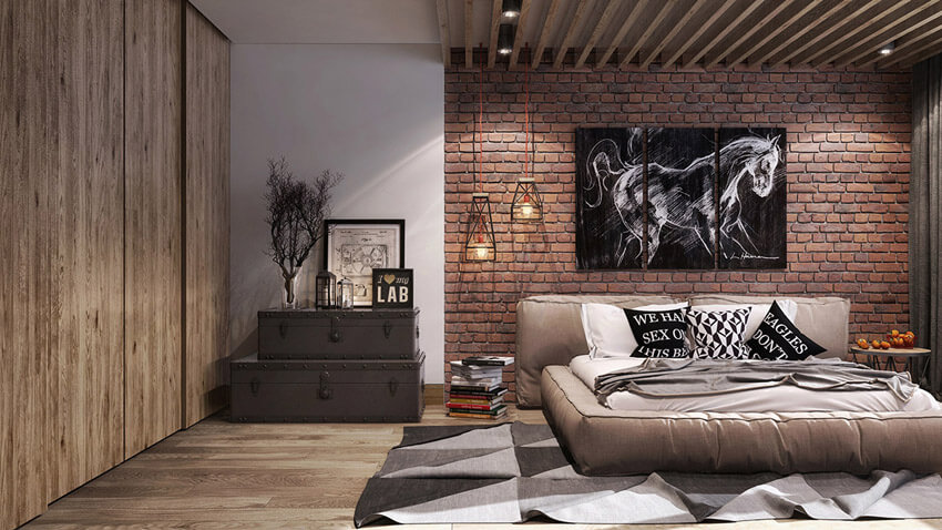 Using exposed brick against your headboard adds texture to your bedroom.