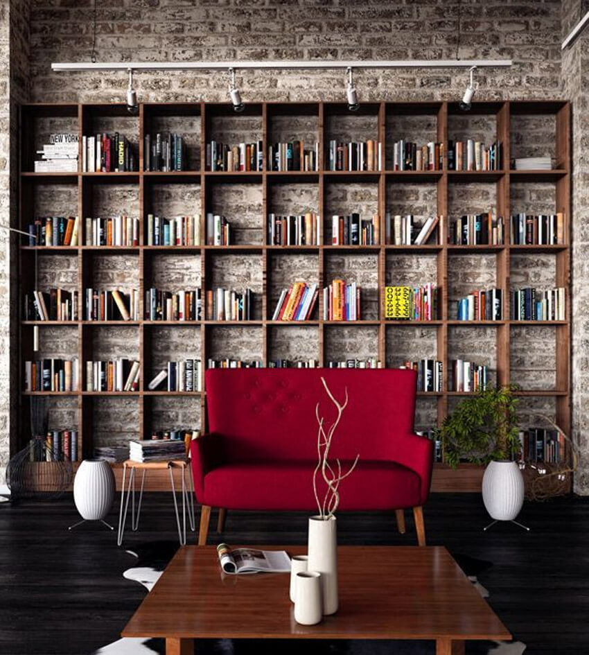 Exposed brick adds character to a home library.